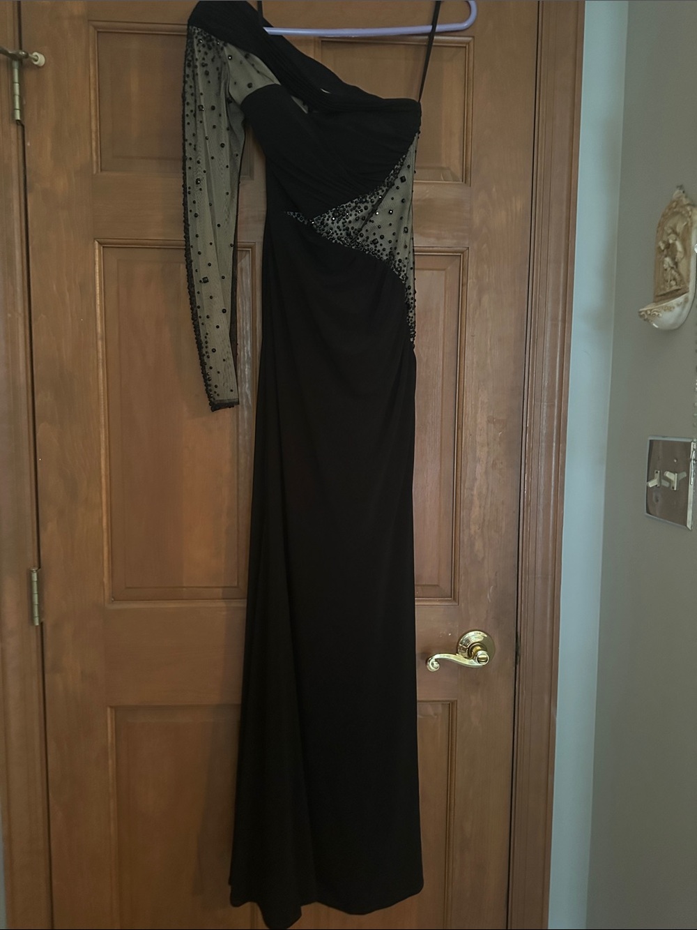 Anny Lee Black One-Shoulder Evening Dress with Beaded Sheer Sleeve and Waist